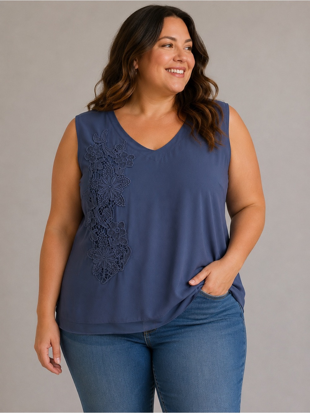 Ricki’s Navy Sleeveless Floral Lace Accent Blouse Size 18